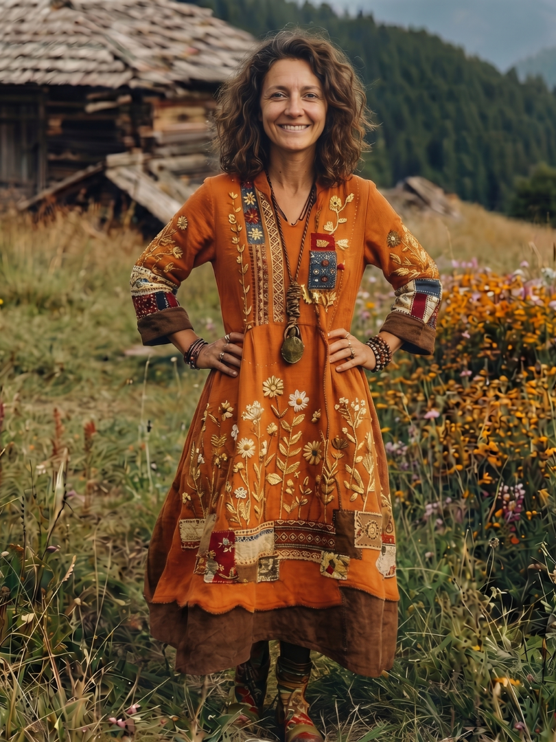 Dress for Women Loose Embroidered Midi Long Sleeve