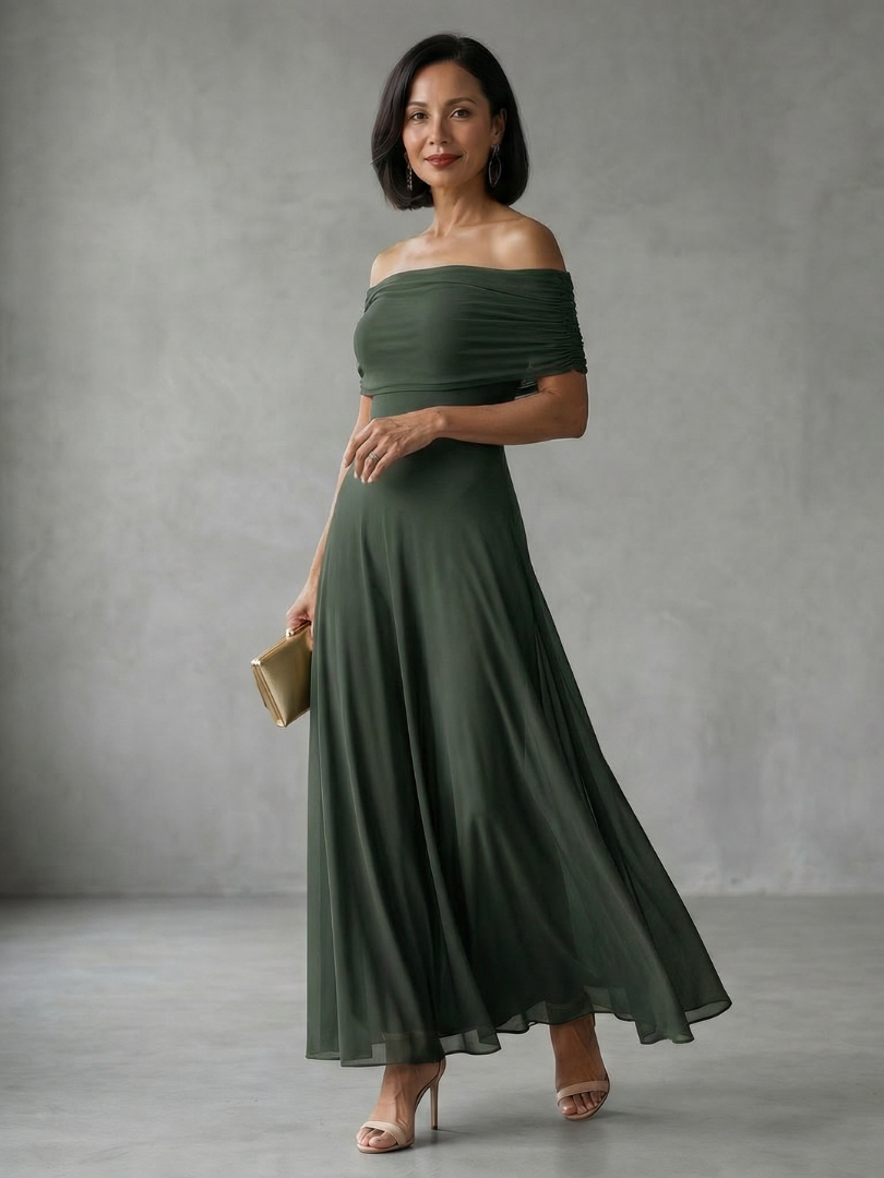 Midi Dress Off Shoulder Draped Flowing Skirt