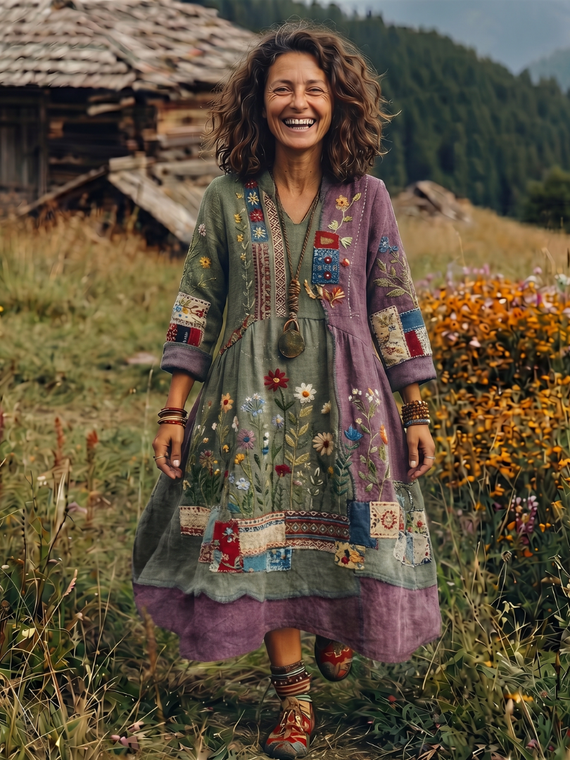 Dress for Women Loose Embroidered Midi Long Sleeve