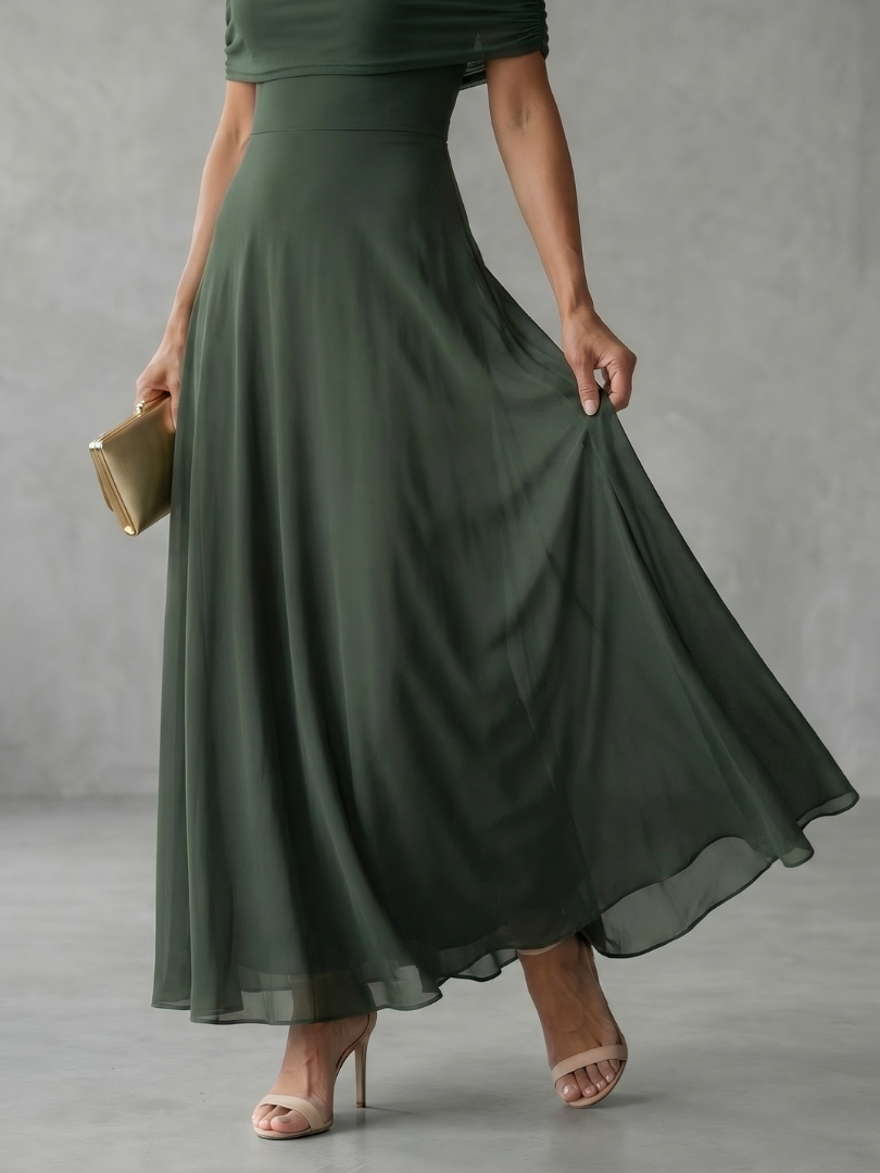Midi Dress Off Shoulder Draped Flowing Skirt