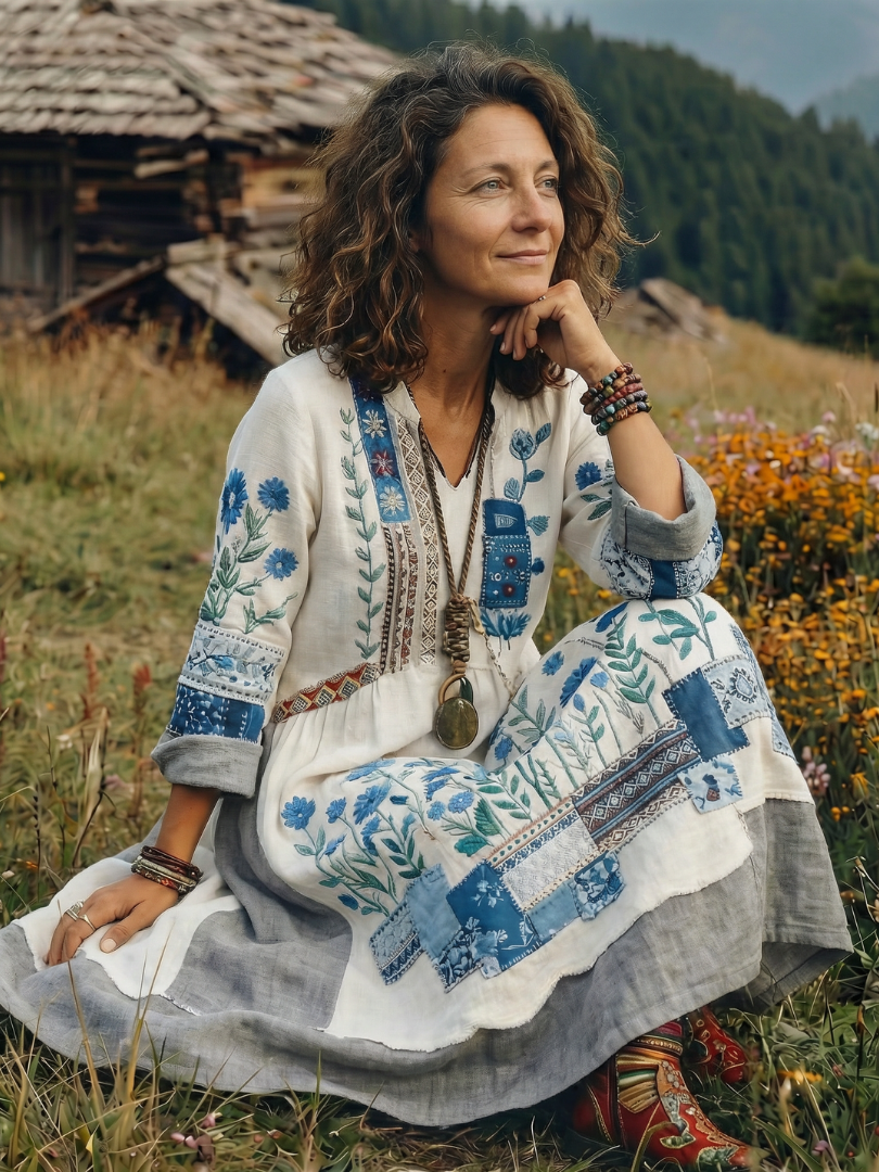 Dress for Women Loose Embroidered Midi Long Sleeve
