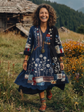 Dress for Women Loose Embroidered Midi Long Sleeve