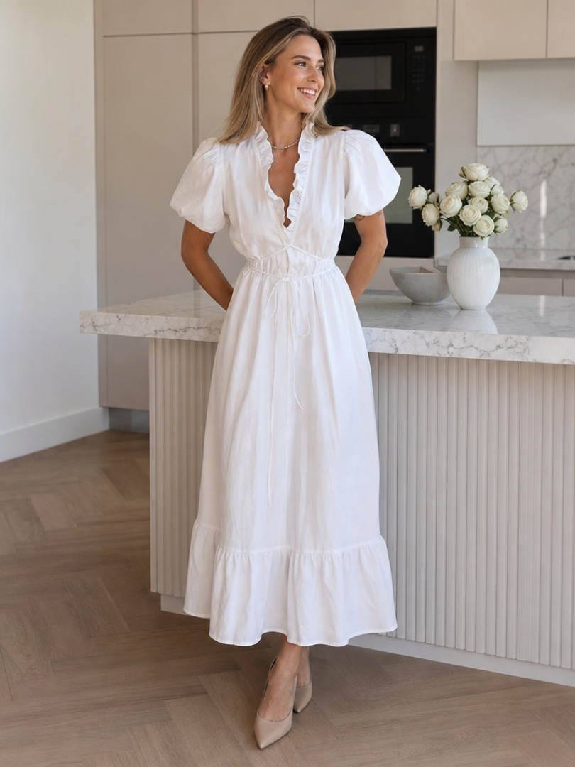 Dress Women Midi Puff Sleeve Cotton Tie Waist