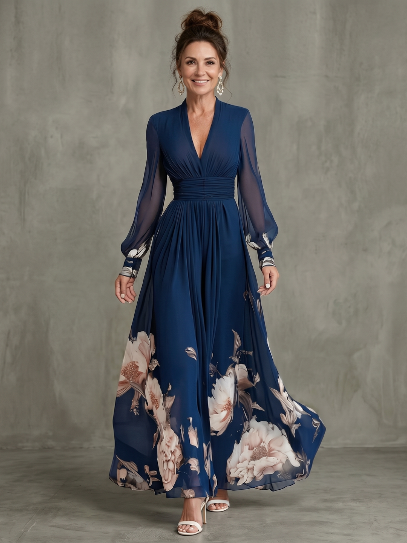 Maxi Dress Women's Pleated Sheer Sleeve Flowy Navy