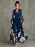 Maxi Dress Women's Pleated Sheer Sleeve Flowy Navy