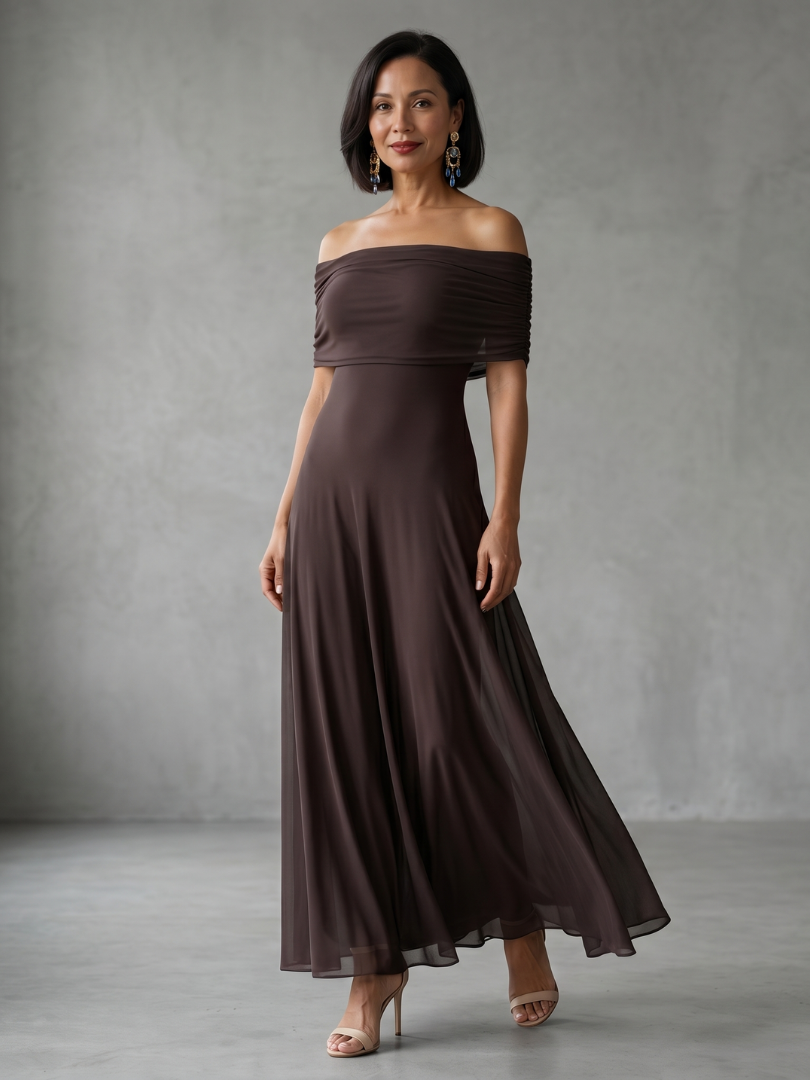 Midi Dress Off Shoulder Draped Flowing Skirt