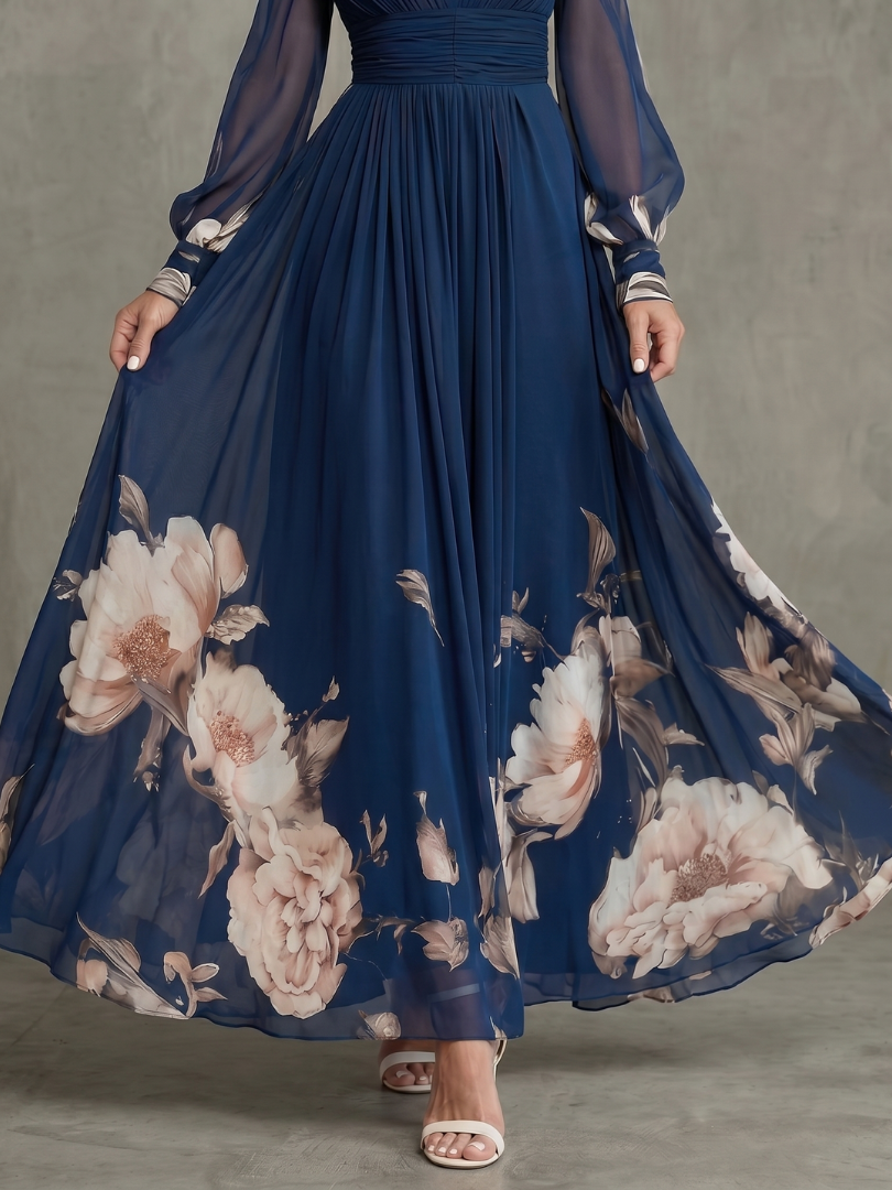 Maxi Dress Women's Pleated Sheer Sleeve Flowy Navy