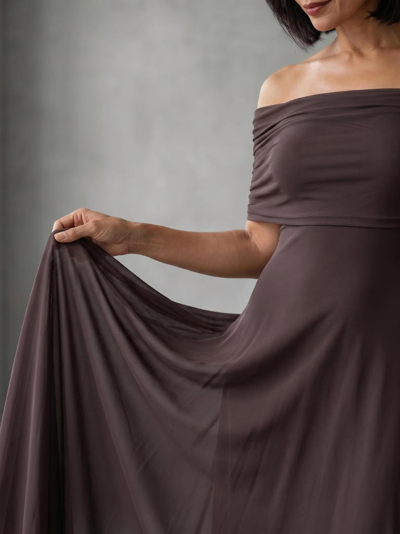 Midi Dress Off Shoulder Draped Flowing Skirt