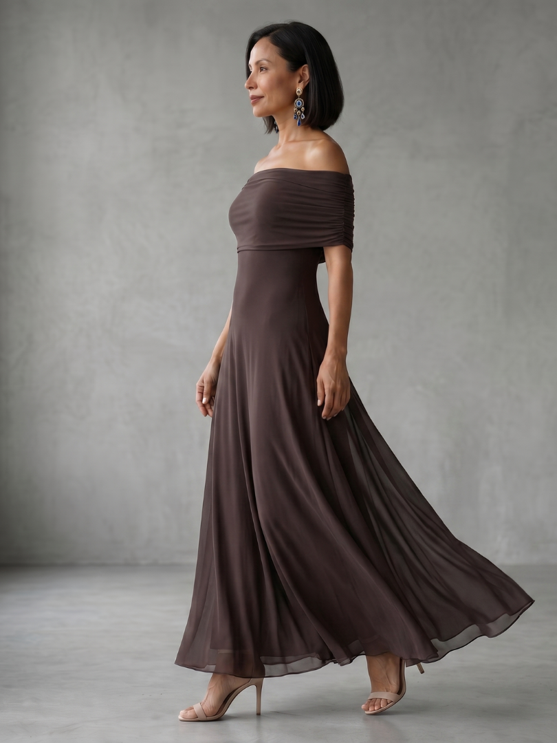 Midi Dress Off Shoulder Draped Flowing Skirt