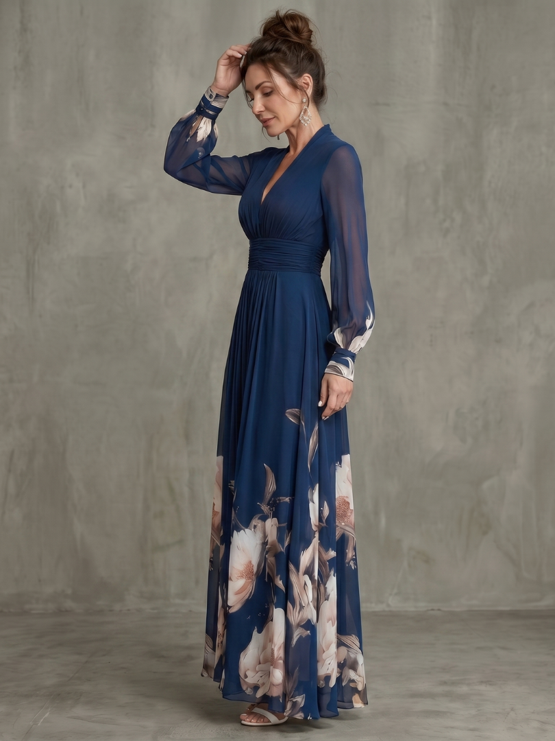Maxi Dress Women's Pleated Sheer Sleeve Flowy Navy