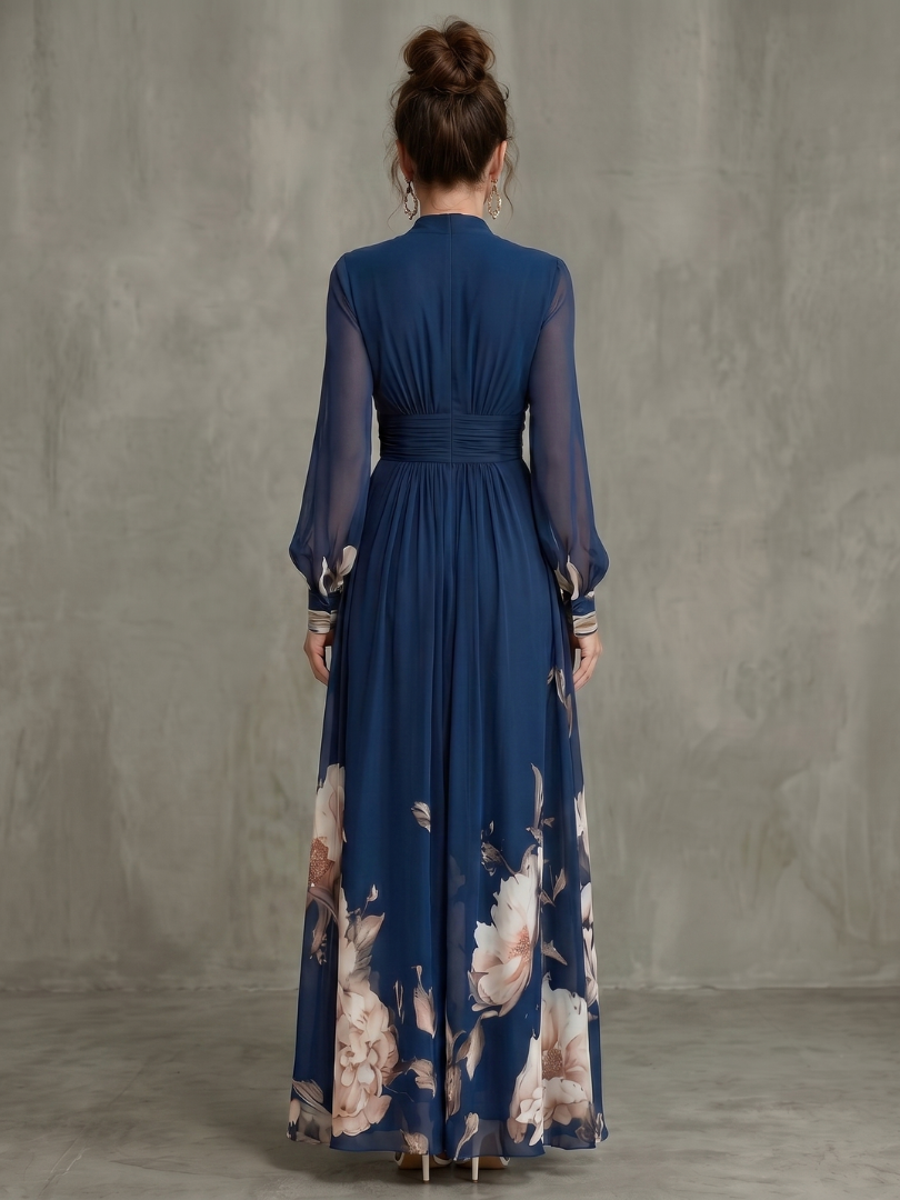Maxi Dress Women's Pleated Sheer Sleeve Flowy Navy