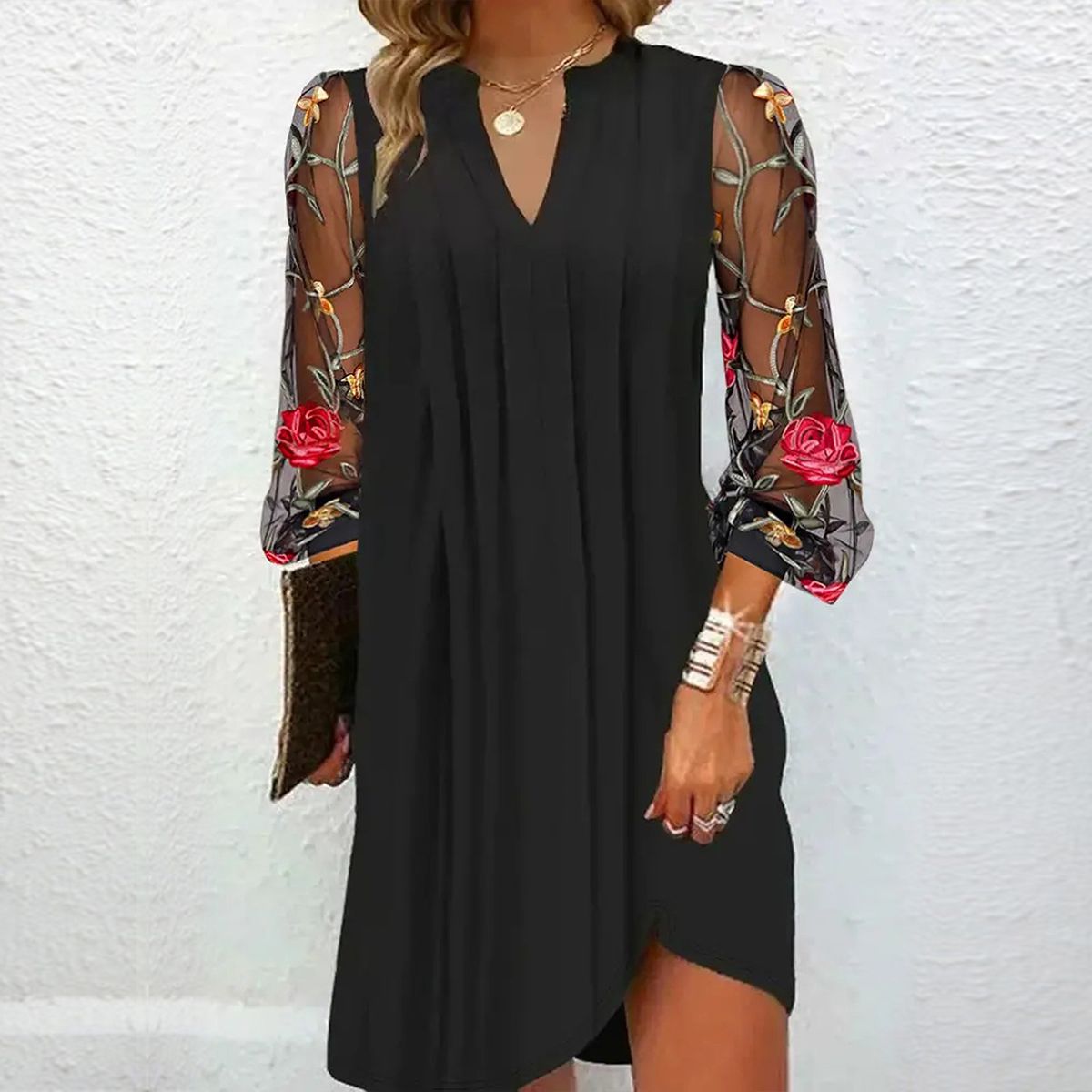 Black Dress Women V-Neck Embroidered Sleeve Elegant