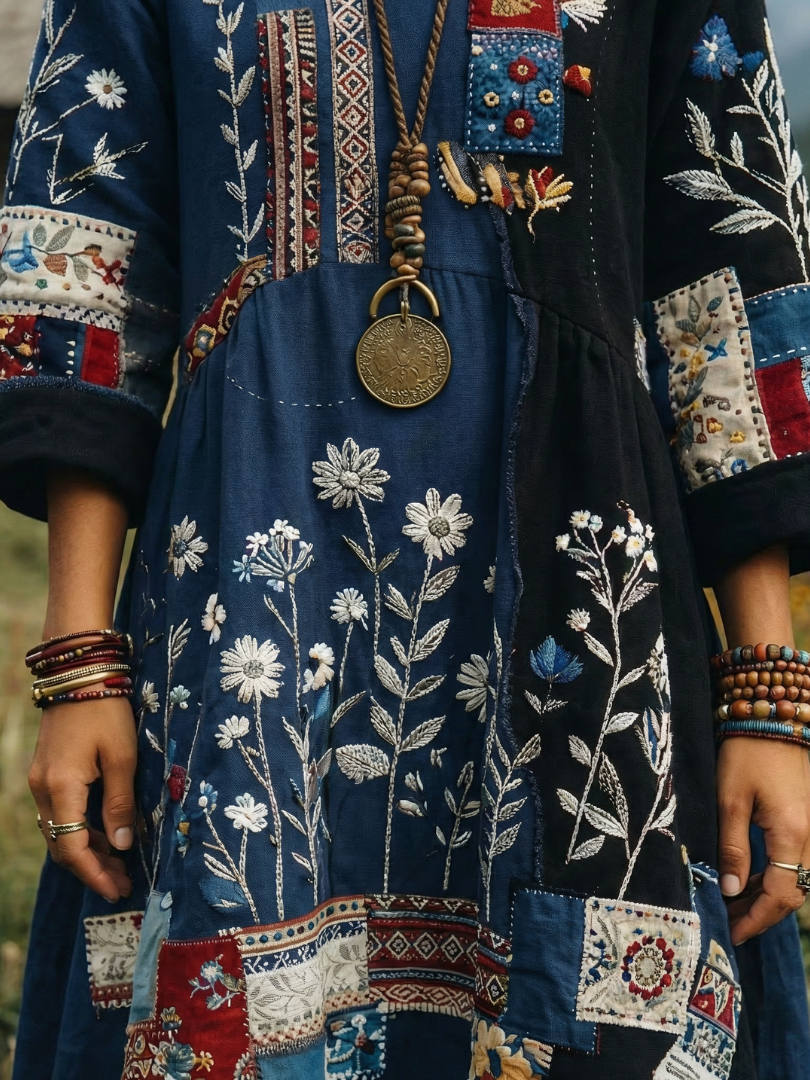 Dress for Women Loose Embroidered Midi Long Sleeve