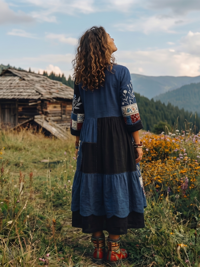 Dress for Women Loose Embroidered Midi Long Sleeve
