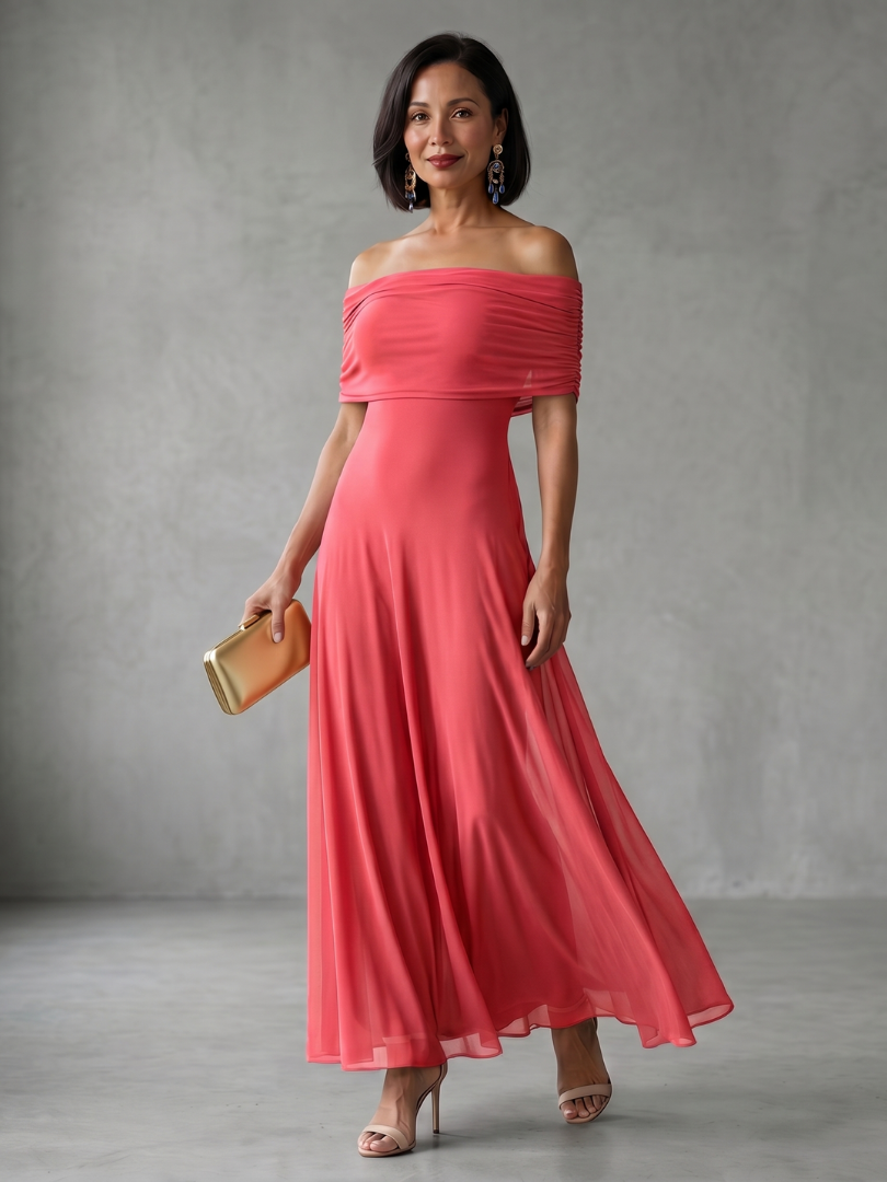 Midi Dress Off Shoulder Draped Flowing Skirt
