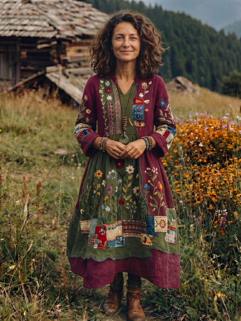 Dress for Women Loose Embroidered Midi Long Sleeve