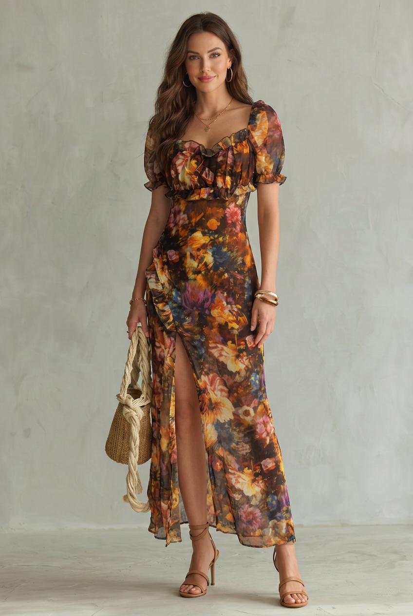 Ruffled Midi Dress Women's Ruched Slit Burnt Orange
