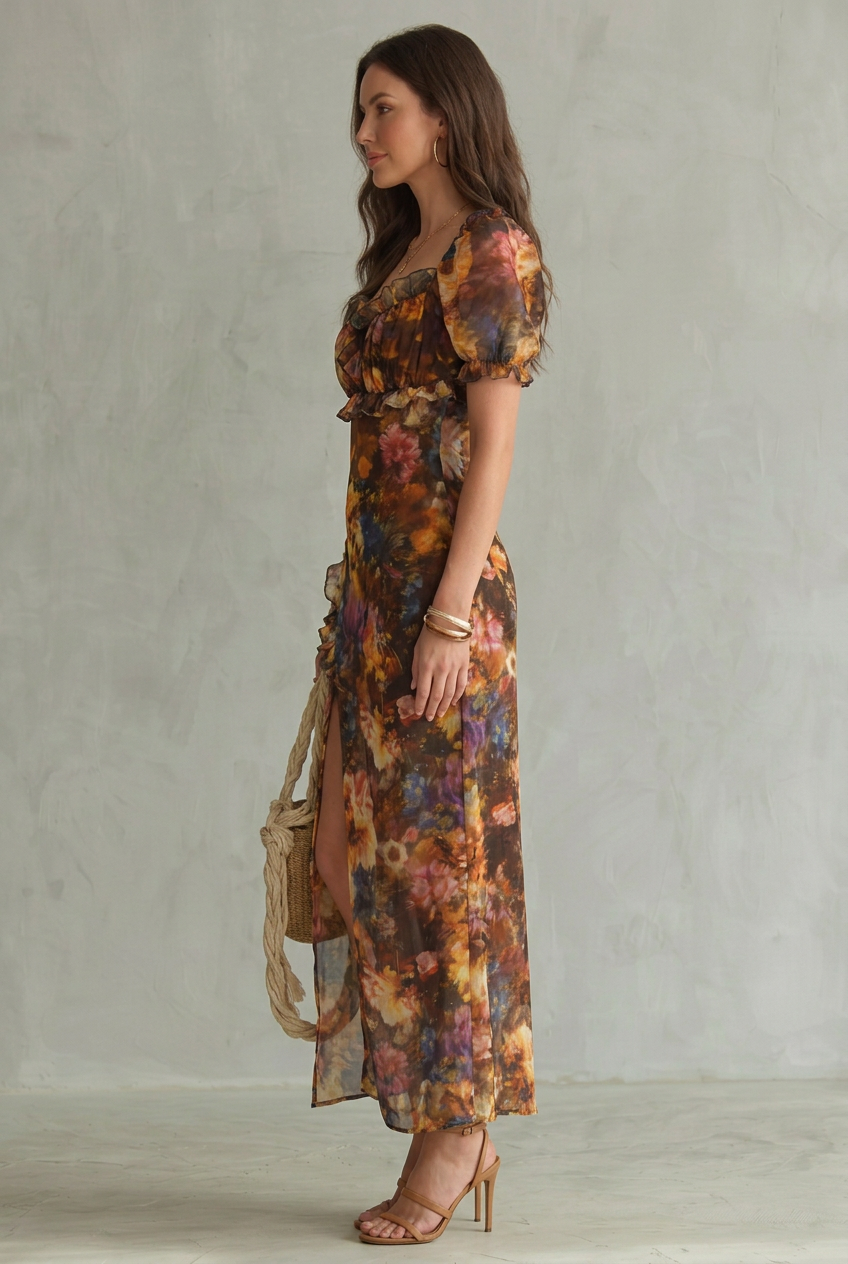 Ruffled Midi Dress Women's Ruched Slit Burnt Orange