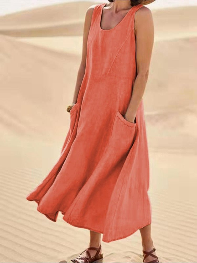 Linen Midi Dress for Women with Pockets and Scoop Neck