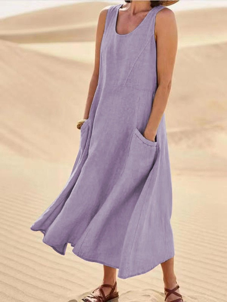 Linen Midi Dress for Women with Pockets and Scoop Neck