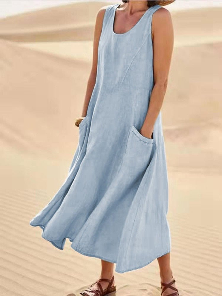 Linen Midi Dress for Women with Pockets and Scoop Neck
