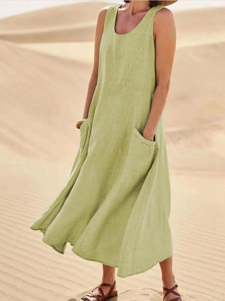 Linen Midi Dress for Women with Pockets and Scoop Neck