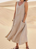Linen Midi Dress for Women with Pockets and Scoop Neck