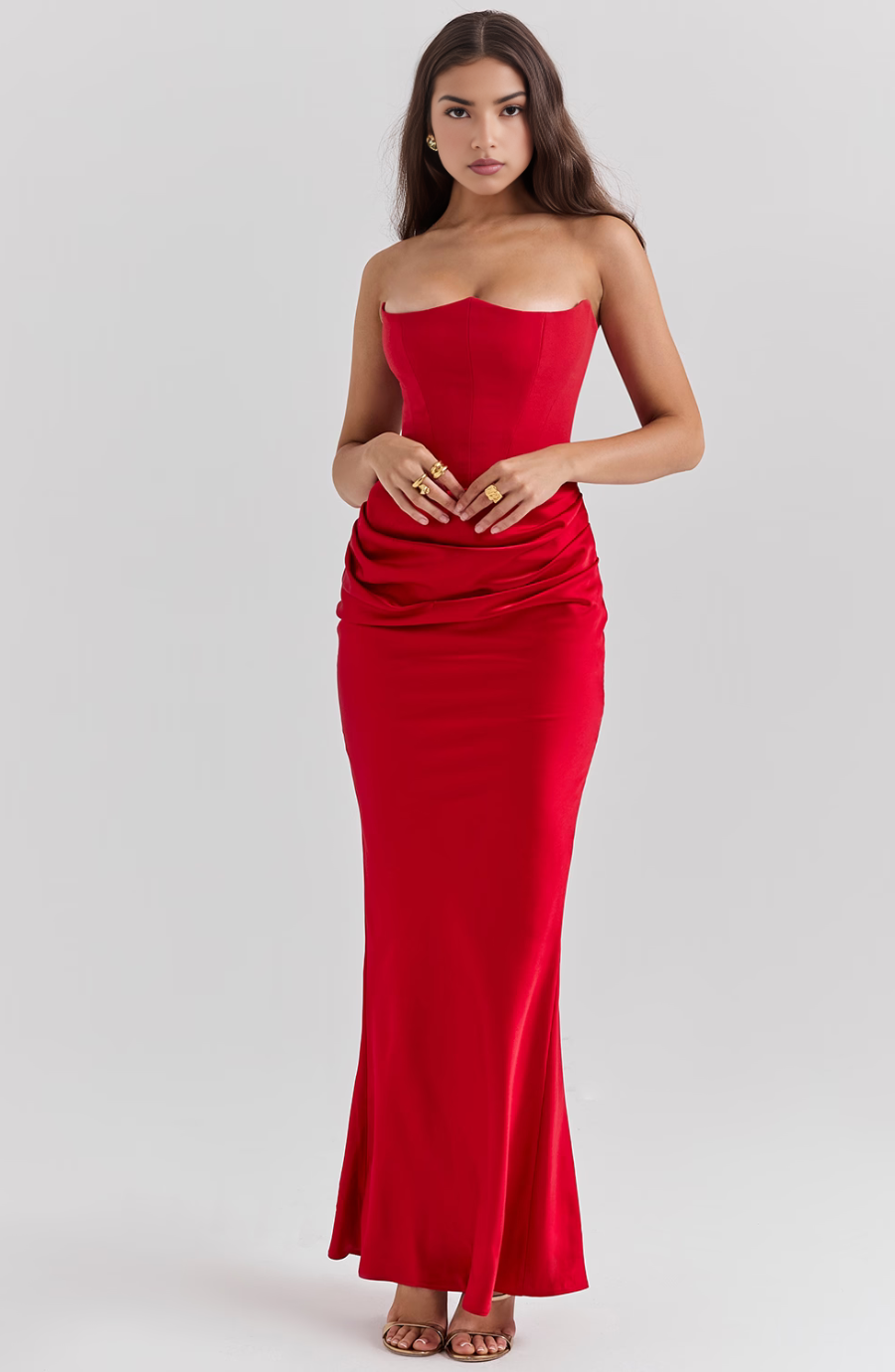 Women's Strapless Satin Corset Maxi Dress