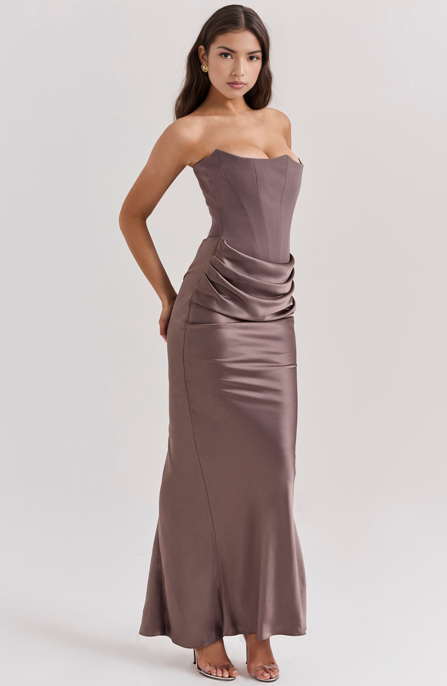 Women's Strapless Satin Corset Maxi Dress