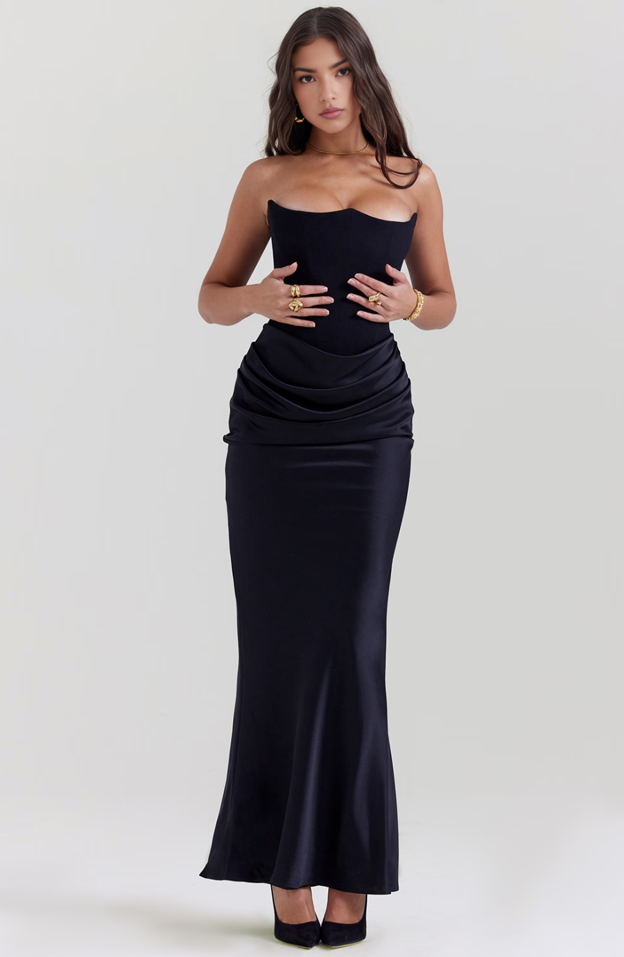 Women's Strapless Satin Corset Maxi Dress