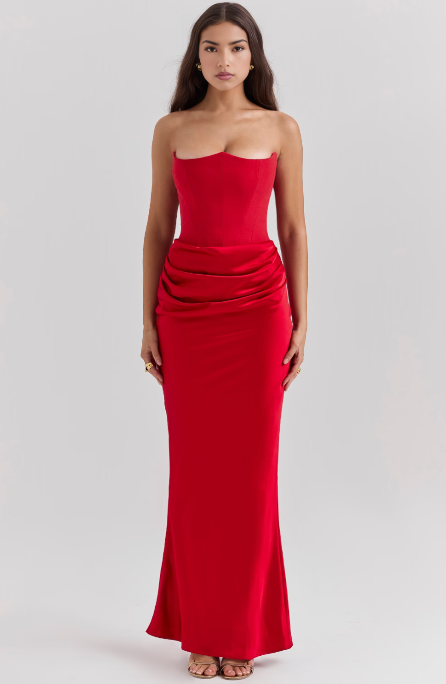 Women's Strapless Satin Corset Maxi Dress
