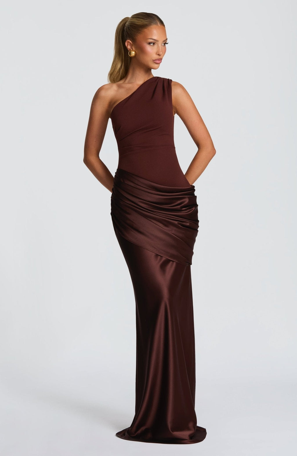 Women's One-Shoulder Maxi Dress Satin Crepe