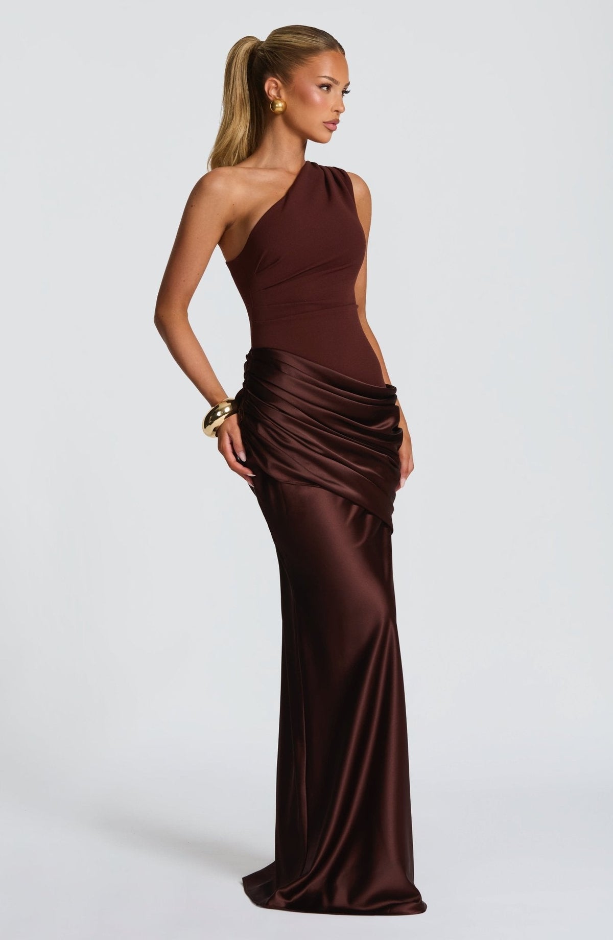 Women's One-Shoulder Maxi Dress Satin Crepe