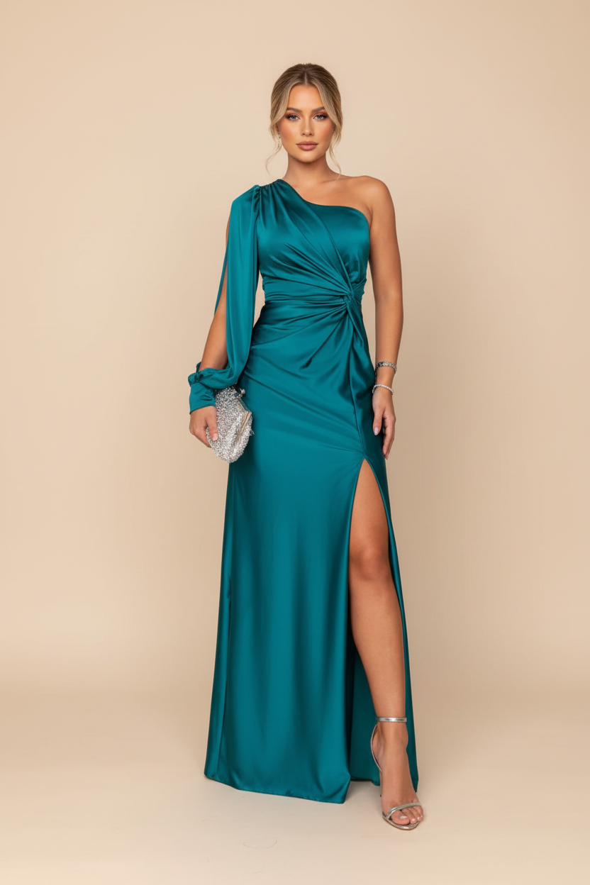 Women's Satin Maxi Dress One-Shoulder Slit Formal