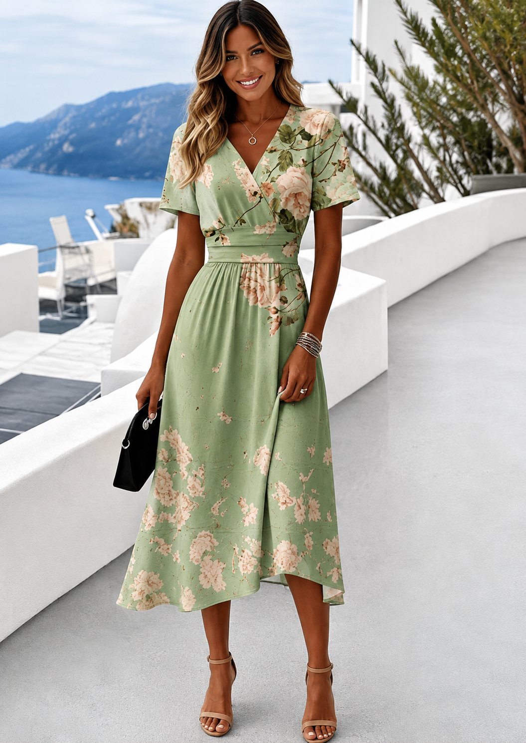 Dress for Women Elegant Floral Wrap Midi Silhouette