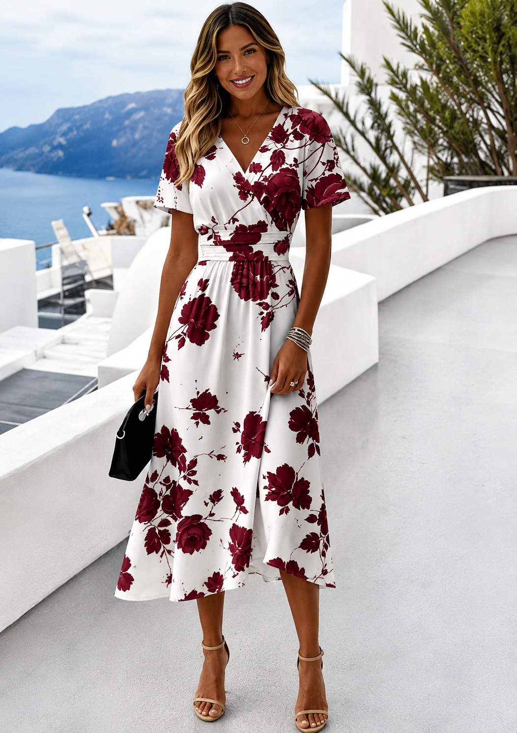 Dress for Women Elegant Floral Wrap Midi Silhouette