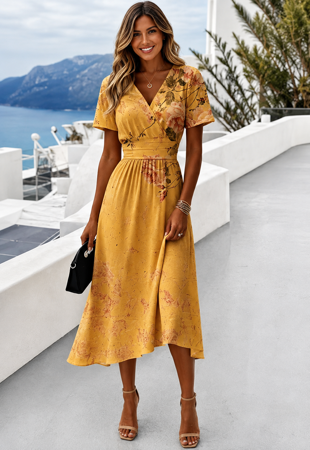 Dress for Women Elegant Floral Wrap Midi Silhouette