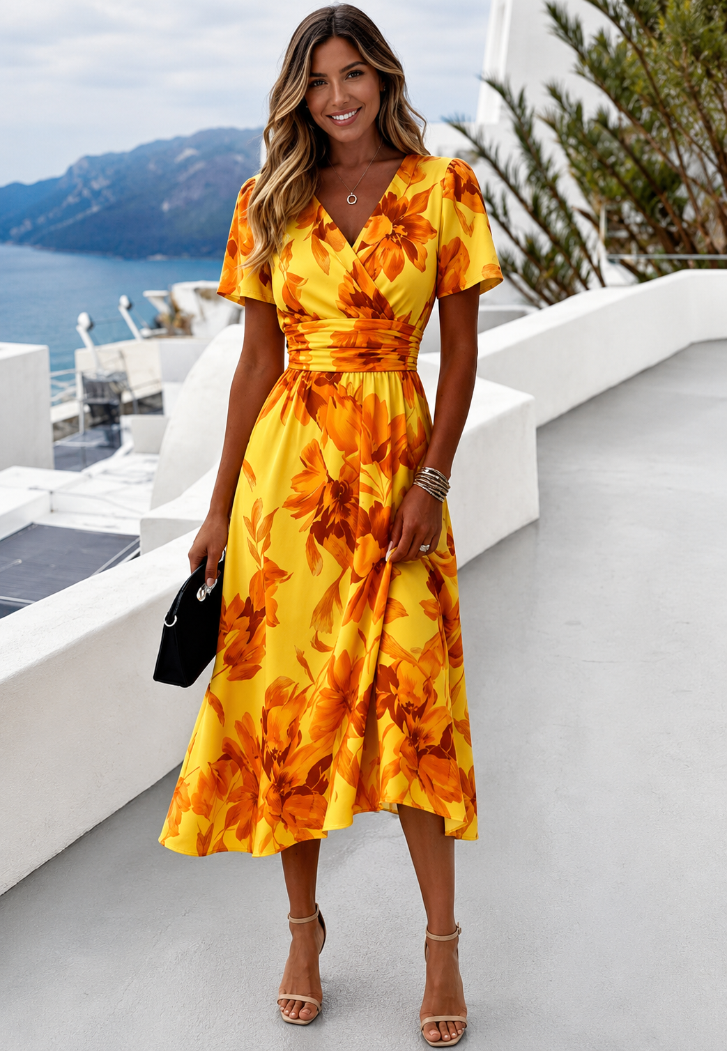Dress for Women Elegant Floral Wrap Midi Silhouette