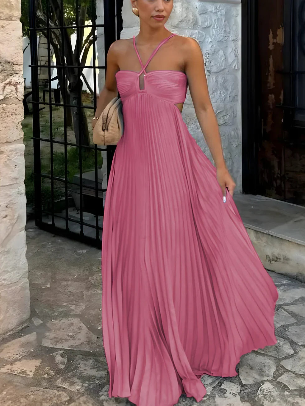 Maxi Dress Women's Halter Neck Pleated Elegant
