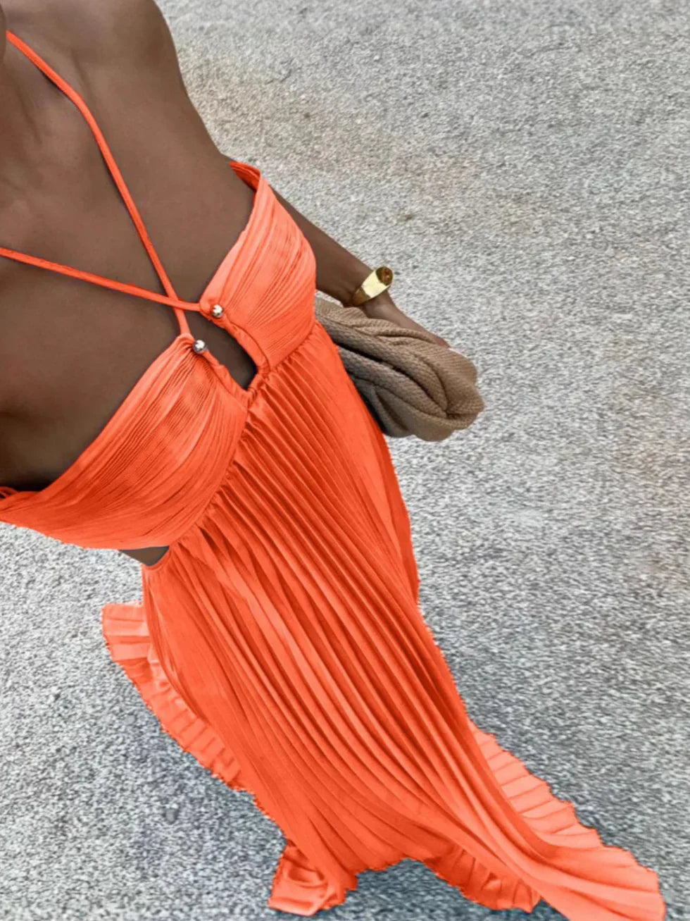 Maxi Dress Women's Halter Neck Pleated Elegant