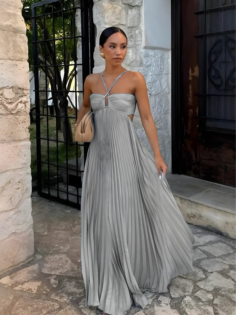 Maxi Dress Women's Halter Neck Pleated Elegant
