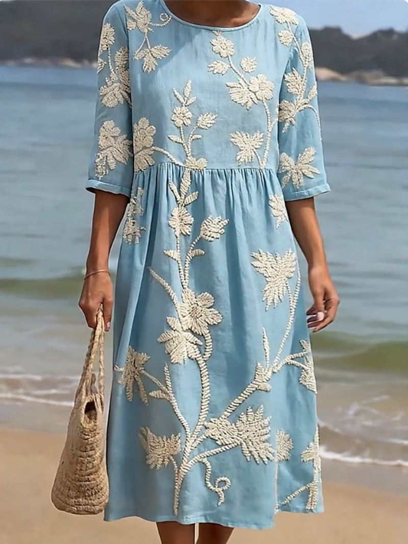 Floral Dress Women Linen-Cotton Blend Midi