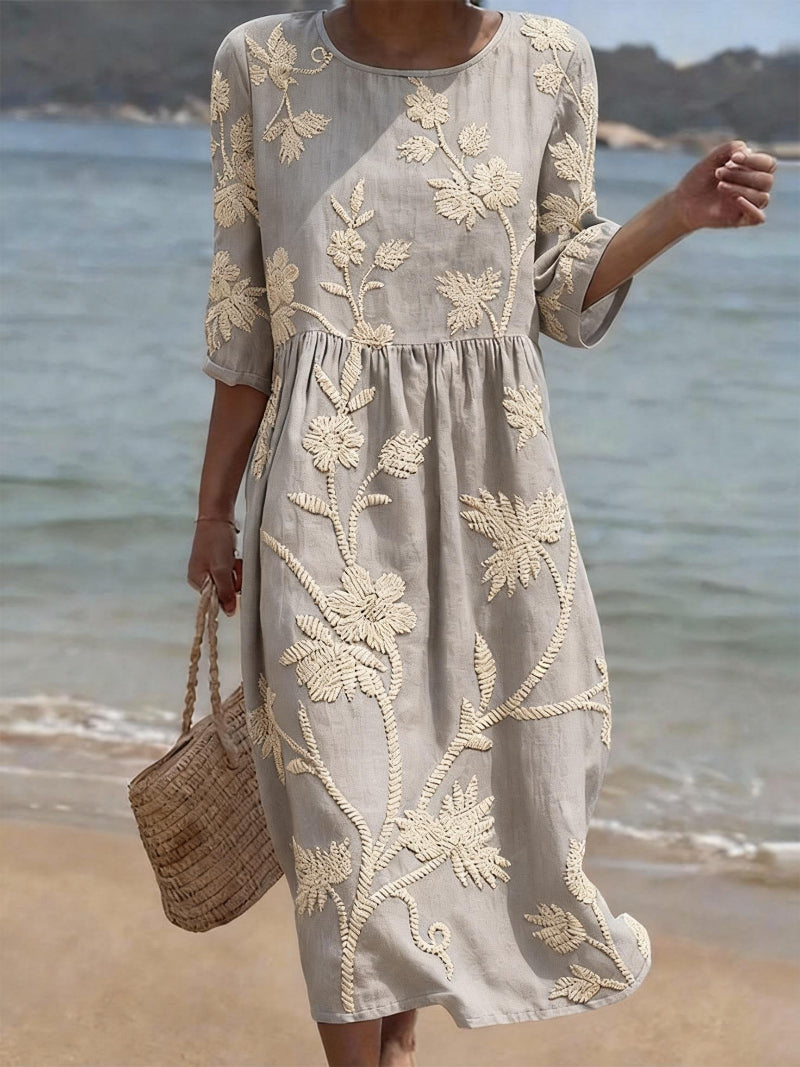 Floral Dress Women Linen-Cotton Blend Midi