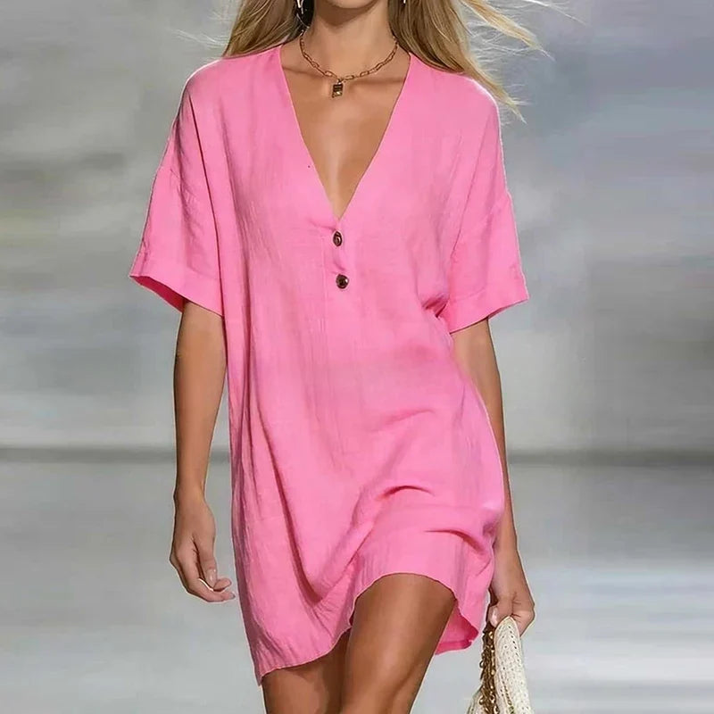 Linen Dress Women's V-Neck Button Detail Loose Fit