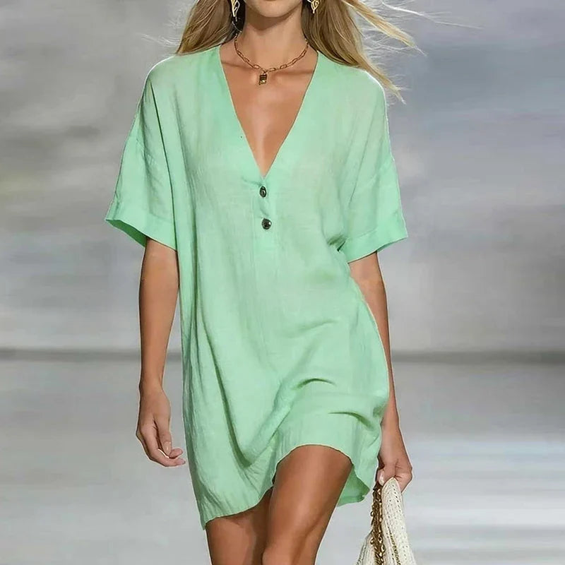 Linen Dress Women's V-Neck Button Detail Loose Fit