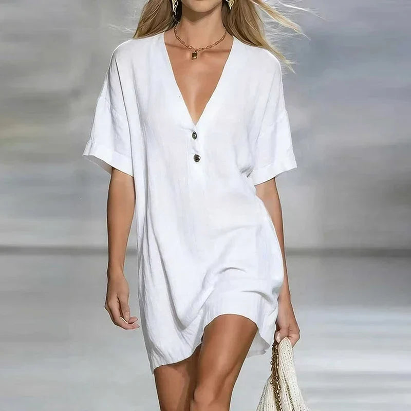 Linen Dress Women's V-Neck Button Detail Loose Fit