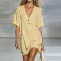 Linen Dress Women's V-Neck Button Detail Loose Fit