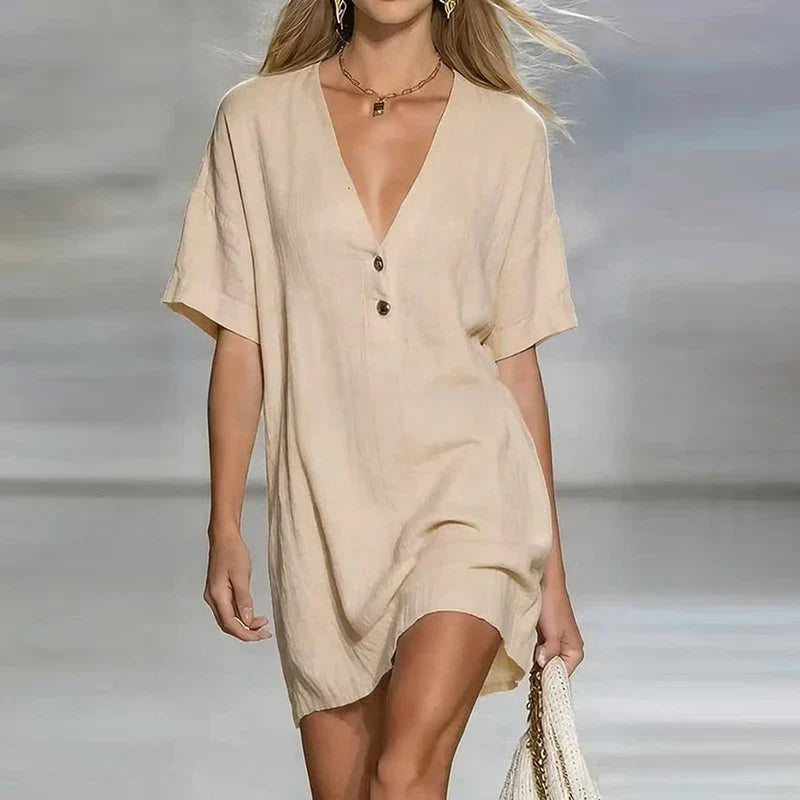 Linen Dress Women's V-Neck Button Detail Loose Fit