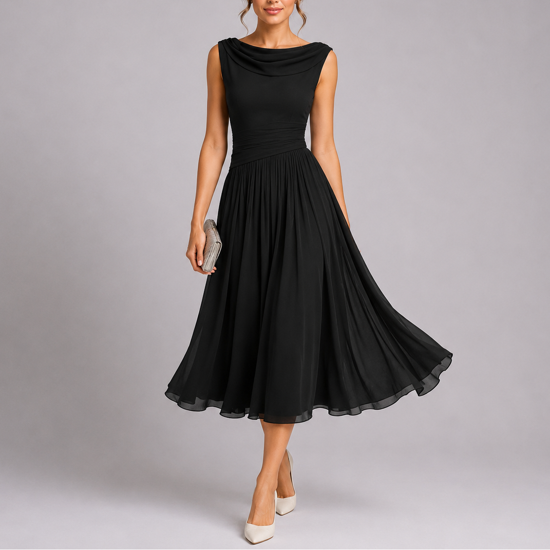 Midi Dress for Women Draped Neckline Pleated Skirt