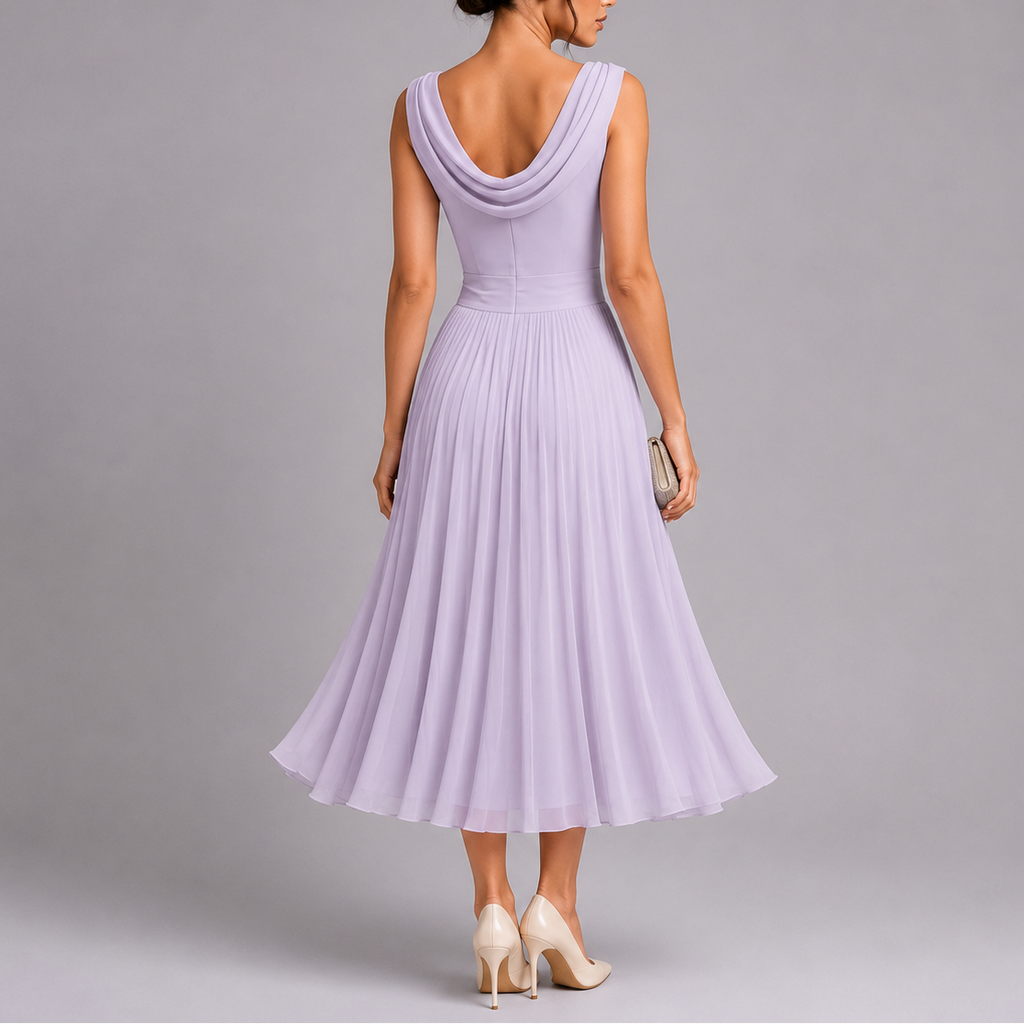 Midi Dress for Women Draped Neckline Pleated Skirt